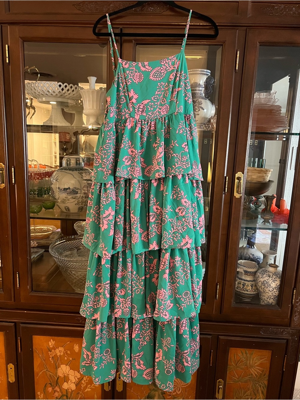 Entro Tiered Floral Maxi Dress in green and Pink tie back size L